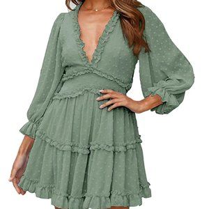 Happy Sailed Women Long Sleeve Ruffle Layer Backless Swing Mini Dress